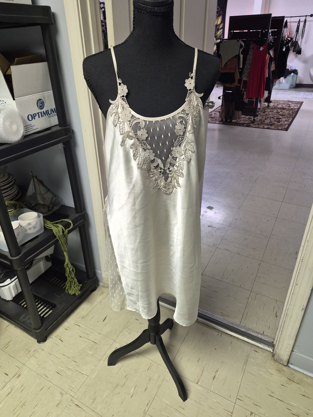 Lace-Trim Satin Chemise Slip in Ivory